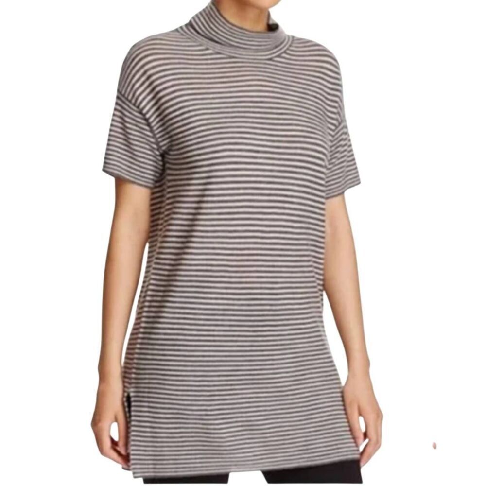Eileen Fisher Tunic Top Women's Small Stripe Grey Short Sleeve Merino Wool Slit
